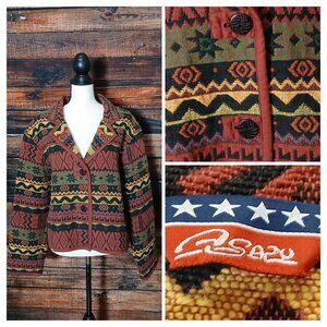 Asazu Vintage Jacket Size L Aztec Southwestern Thick Tapestry Woven Boho Cotton